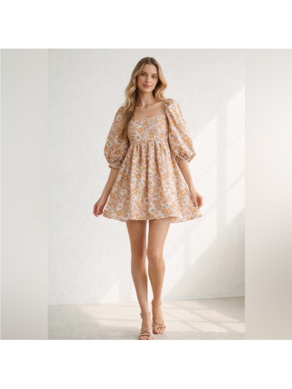 Storia Tan Floral Babydoll Dress Puff Sleeve Size S Cottagecore Fairycore
